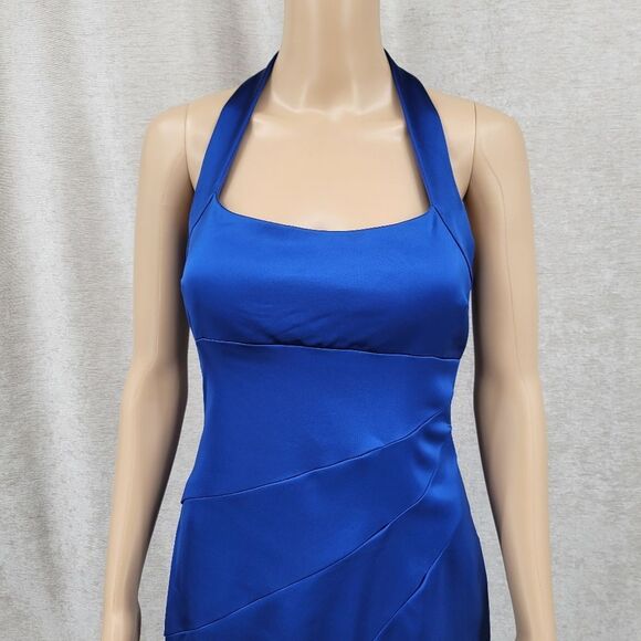 Cache Y2K Elegant Blue Satin Bodycon Halter Dress - Picture 8 of 14